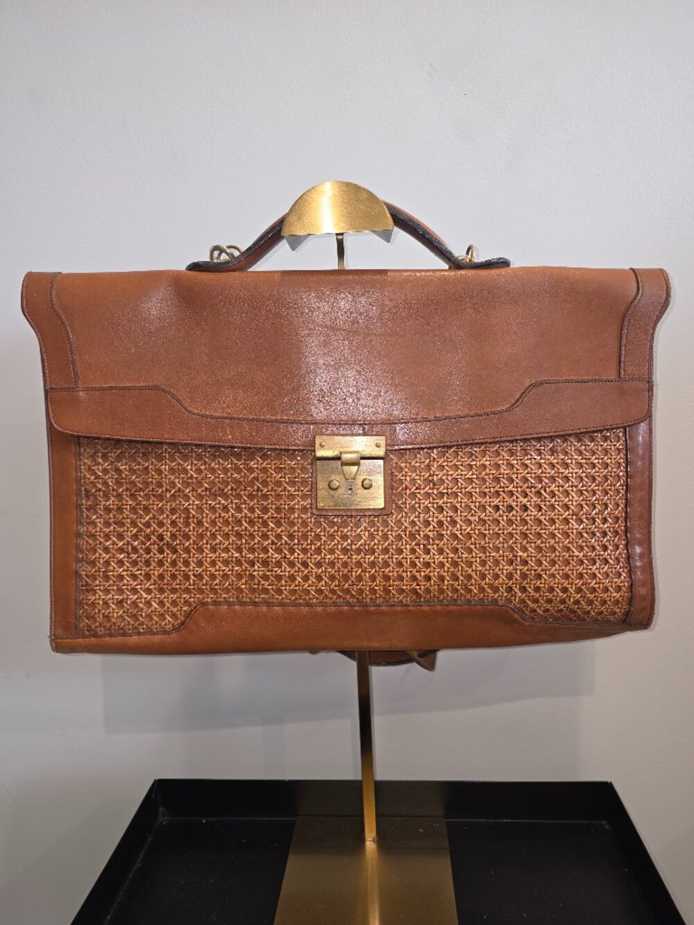 Vintage leather and woven wicker-accented business briefcase